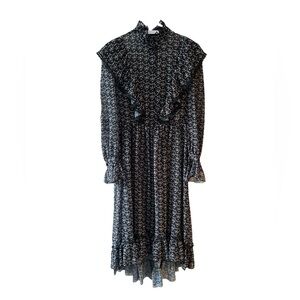 SALE See By Chloe Sheer Black Floral Midi Dress Long Sleeve Cottagecore Fr 34/XS